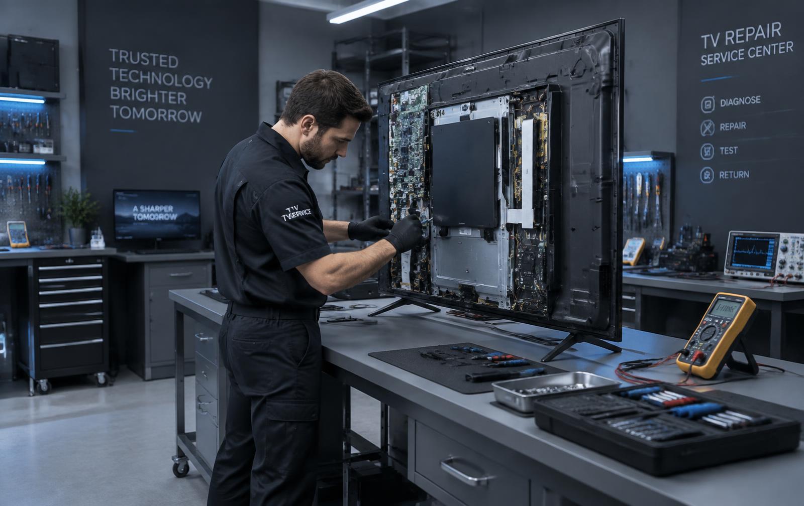 Technician repairing a Sony LED TV at the Mira Road East service center workbench